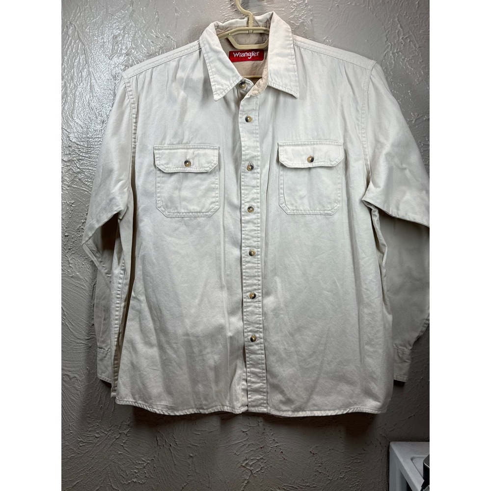 Wrangler Tan‎ Khaki Shirt Long Sleeve 100% Cotton Mens Two Pocket Size Large